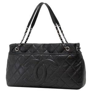 CHANEL Chain Tote Bag Caviar Leather Black Coco Mark